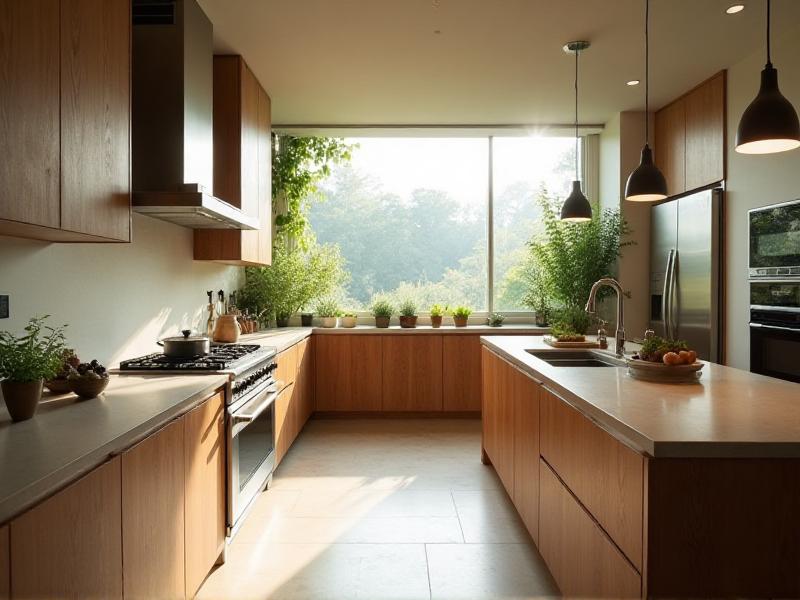 A modern kitchen designed with Feng Shui and sustainability in mind, featuring reclaimed wood cabinets, energy-efficient appliances, and a large window allowing natural light to fill the space. A small herb garden sits on the windowsill, adding a touch of nature. The overall mood is fresh and eco-friendly, with a focus on harmony and sustainability.