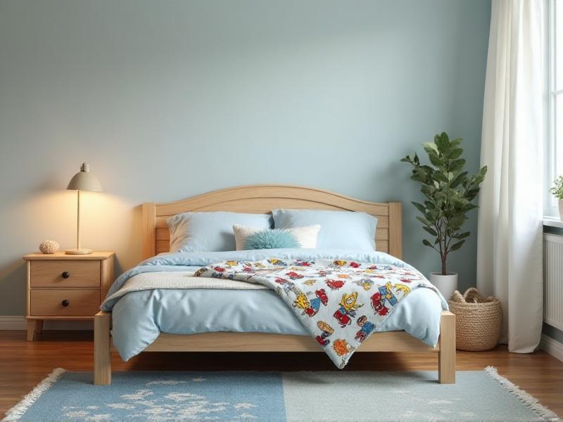 A cozy child's bedroom with a wooden bed placed against a solid wall, adorned with soft, natural fiber bedding in calming shades of blue and white. A small nightstand with a dimmable lamp sits beside the bed, providing gentle lighting for bedtime reading.