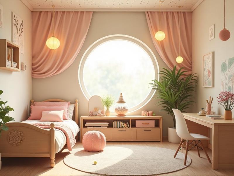 A children's room designed with Feng Shui principles, featuring a balanced arrangement of furniture, soft pastel colors, and designated areas for play and study. The room is decorated with educational toys and inspiring artwork, creating a nurturing and supportive atmosphere.