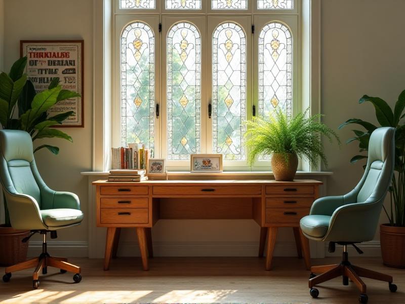 A well-organized home office with a wooden desk, a comfortable chair, and a laptop. The desk is adorned with a small plant, a vision board, and a few inspiring books. The room is filled with natural light, creating a bright and energizing atmosphere.