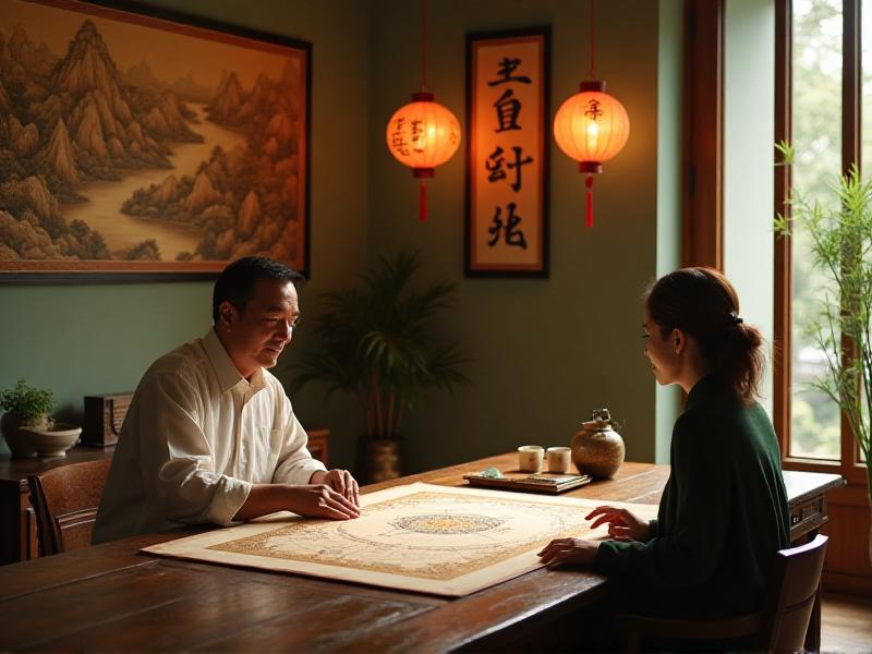 A Feng Shui consultant sitting with a client at a wooden table, reviewing a personalized Feng Shui chart. The room is filled with natural light, and the walls are adorned with traditional Chinese art, creating a peaceful and focused environment.