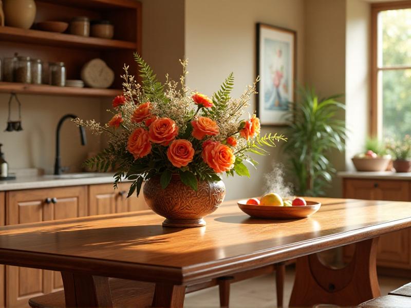 A cozy and inviting kitchen with a wooden dining table set with fresh flowers and a bowl of fruit. The walls are adorned with personal artwork, and a small fountain on the countertop adds a soothing sound to the space. The overall atmosphere is warm, welcoming, and full of positive energy.