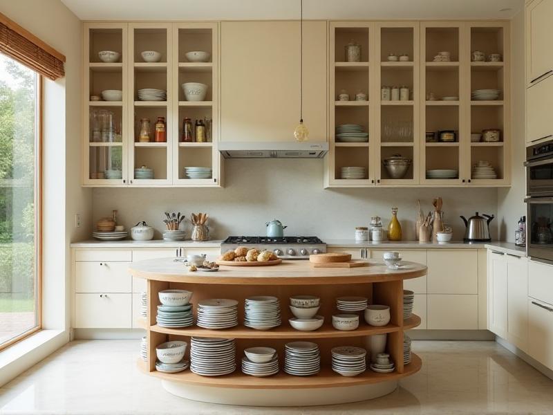 A neatly organized kitchen with labeled jars, stacked plates, and utensils arranged in drawer dividers. The countertops are clear, and the cabinets are well-stocked but not overcrowded, creating a sense of order and calm.