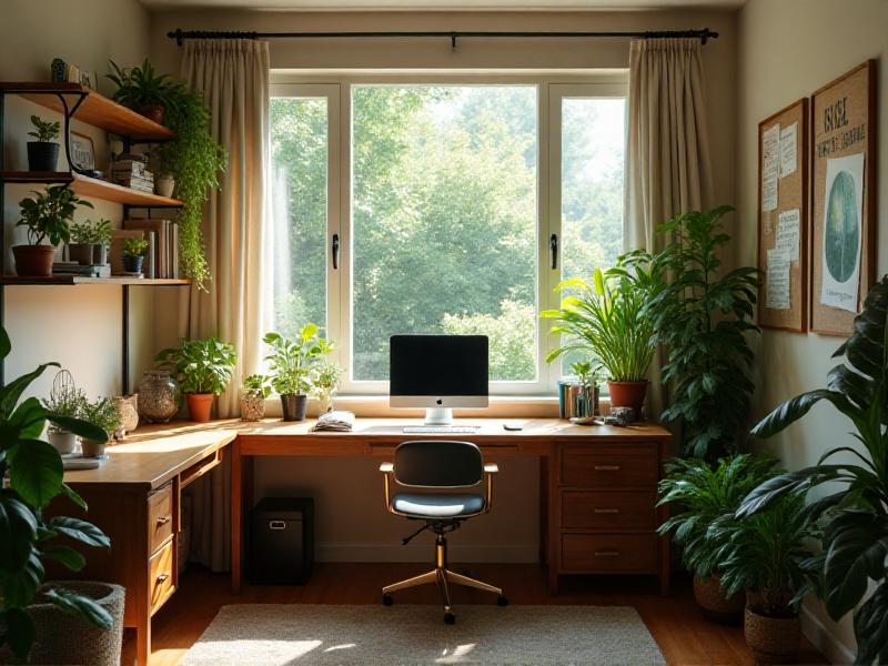 A well-organized home office with a desk placed in the commanding position, facing a window with a pleasant view. The workspace is clutter-free, with a vision board and motivational quotes on the wall. Natural light, task lighting, and ambient lighting create a balanced environment, while plants and natural materials add a touch of nature.