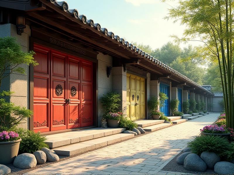 A row of front doors in various Feng Shui-approved colors, including red, green, and blue, each surrounded by natural elements like plants and stones to enhance energy flow.