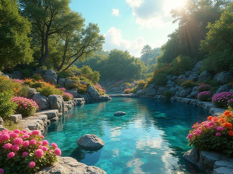 A beautifully landscaped garden with a small pond surrounded by rocks and flowering plants. The pond reflects the sunlight, creating a shimmering effect that enhances the natural beauty and positive energy of the outdoor space.