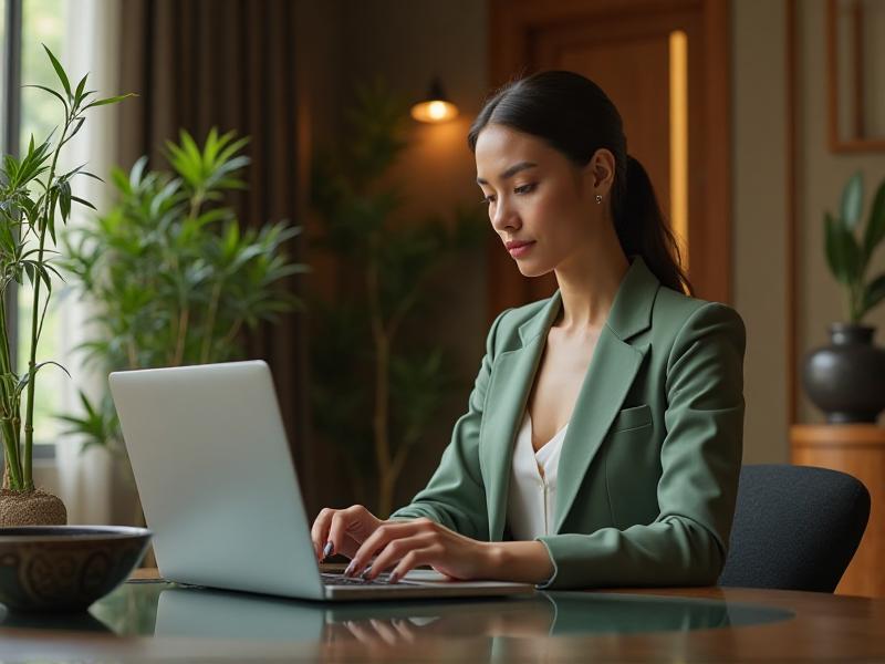 A professional woman sitting at a well-organized desk, surrounded by Feng Shui elements like plants, a water feature, and natural light. She appears focused and confident, embodying the principles of career success through Feng Shui.