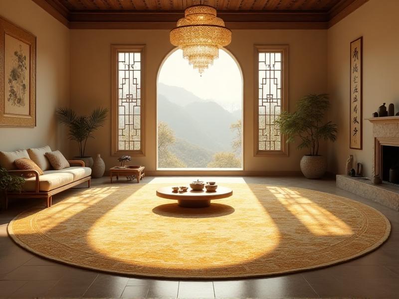 A spacious living room with a round, golden rug in the center, symbolizing the Tai Chi. The room is well-lit, with a chandelier hanging above the rug, and the furniture is arranged in a circular pattern to promote the flow of energy. The space feels open and harmonious, embodying the principles of Feng Shui.