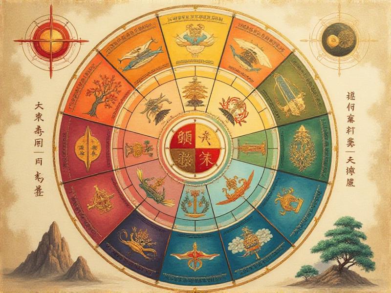 A detailed illustration of the Bagua map, showcasing nine distinct areas with vibrant colors and symbols representing different life aspects, including the Love and Marriage area in the far right corner. The map is set against a soft, neutral background, emphasizing clarity and balance.