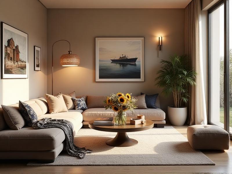 A modern living room with a combination of ambient, task, and accent lighting. A large window allows natural light to flood the space, while a stylish floor lamp and wall sconces provide warm, inviting illumination. The room feels balanced and harmonious, with a cozy yet energizing atmosphere.