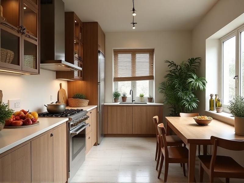 A clean, organized kitchen with a well-maintained stove, red and orange accents, and minimal clutter. The space feels warm and inviting, with a sense of abundance and nourishment.