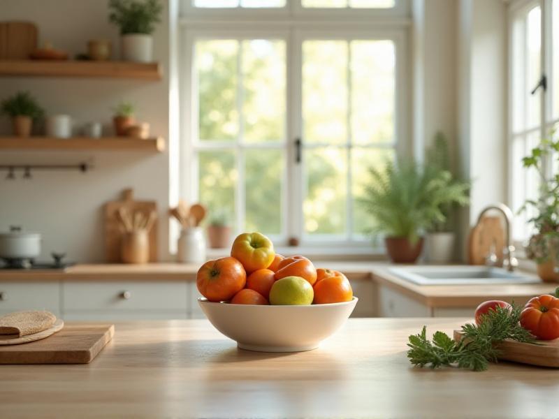 A well-organized kitchen with clean countertops, neatly arranged utensils, and a bowl of fresh fruit on the table. The space is bright and inviting, with natural light streaming through the windows. The overall mood is one of warmth and nourishment, highlighting the importance of decluttering and organizing different areas of the home to support their intended purpose.