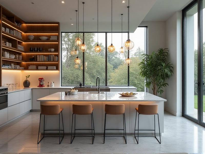 A modern kitchen with large windows allowing ample natural light to flood the space. Pendant lights with warm bulbs hang above the island, providing task lighting, while recessed lights offer ambient illumination. The overall effect is bright, welcoming, and energetically balanced.