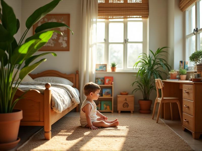 A child's room with a large potted snake plant in the corner, its vibrant green leaves adding a touch of nature to the space. The room features a wooden bed frame, bamboo blinds, and a soft, earthy-toned rug, creating a warm and inviting atmosphere.