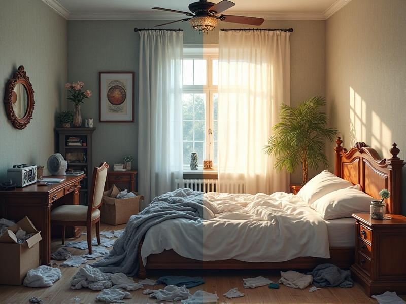 A before-and-after image of a cluttered bedroom transformed into a serene, organized space. The 'before' image shows a messy room with clothes scattered on the floor and a crowded desk, while the 'after' image features a neatly made bed, a clear desk, and a few carefully chosen decorative items. The transformation highlights the impact of decluttering on creating a peaceful environment.