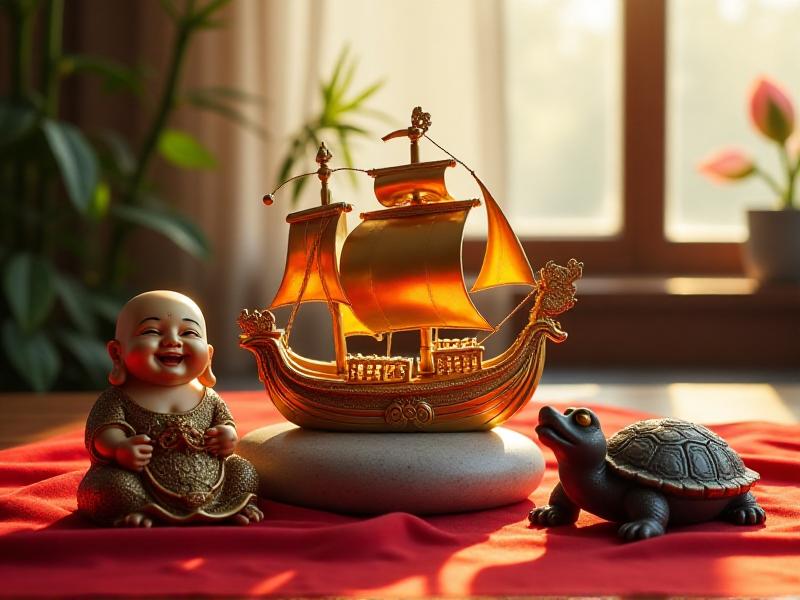 A collection of Feng Shui wealth symbols arranged in a Wealth Corner, including a golden wealth ship, a laughing Buddha statue, a three-legged money toad, and a dragon turtle. The symbols are placed on a red cloth, with soft lighting highlighting their intricate details and creating a sense of abundance and prosperity.