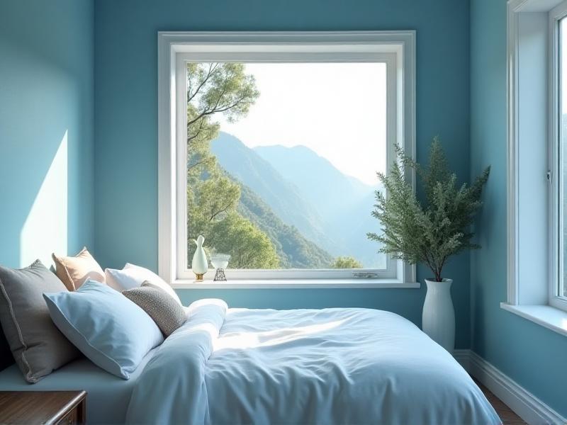 A tranquil bedroom with soft blue walls, white linen bedding, and a large window letting in natural light. The room feels peaceful and inviting, perfect for restful sleep and relaxation.