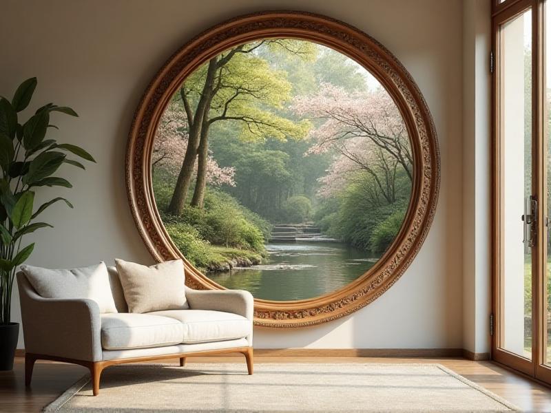 A round mirror with a wooden frame, strategically placed in a living room to enhance the flow of chi. The mirror reflects a beautiful view of a garden through a large window, bringing the outdoors inside and creating a sense of spaciousness. The room features a neutral color palette with soft beige walls and a light gray sofa, creating a calm and inviting atmosphere.