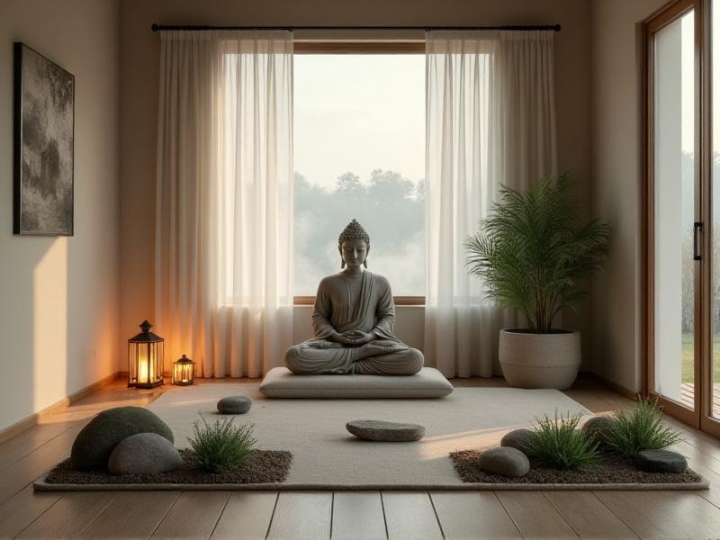 A serene northeast area of a home, featuring a meditation cushion, a statue of Buddha, and a small rock garden. The area is free of clutter, allowing the flow of Chi to support spiritual growth. The overall atmosphere is peaceful and grounding, with a focus on connecting with your higher self.