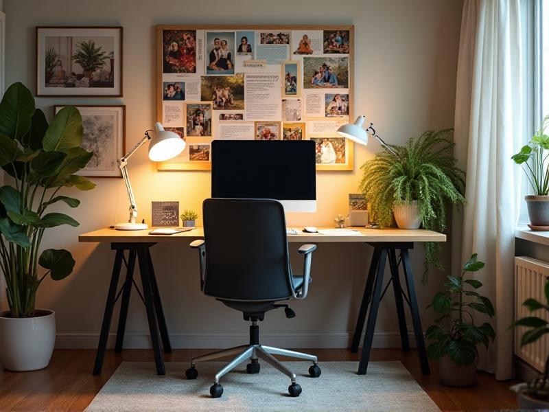 A cozy home office with a desk positioned in the command position, surrounded by personal items like family photos, a vision board, and a potted plant. The space is warm and inviting, reflecting the occupant's personality while adhering to Feng Shui principles.