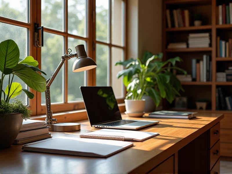 A well-organized home office with a wooden desk positioned in the command position, facing the door but not directly in line with it. A metal lamp provides task lighting, and a small water feature sits on the desk. A lush green plant adds a touch of Wood element, while soft, warm lighting creates a focused and productive atmosphere.