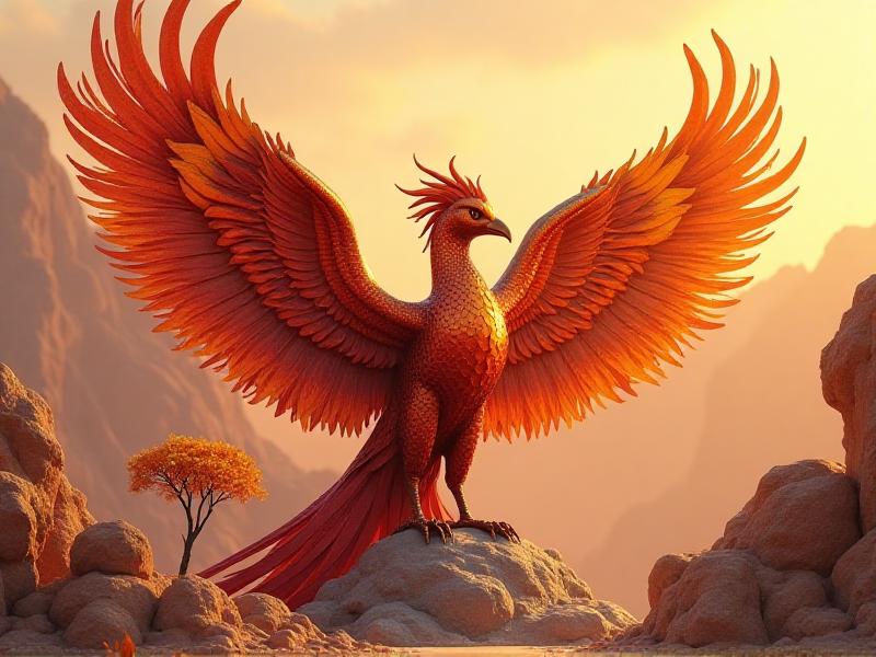 A vibrant phoenix statue with fiery red and orange feathers, perched on a branch with golden leaves. The background is a soft gradient of warm colors, evoking a sense of renewal and transformation.