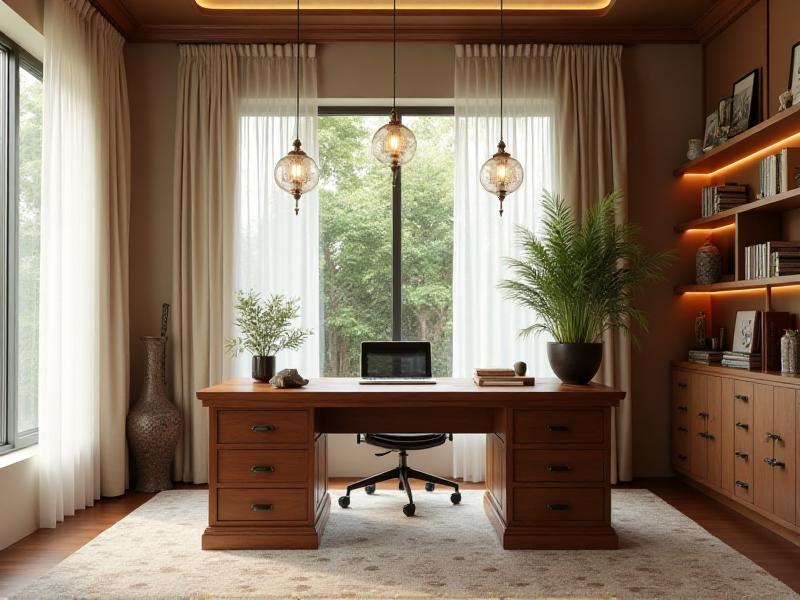 A fully transformed home office with balanced Feng Shui elements, including a well-placed desk, natural lighting, organized decor, and a serene atmosphere, ready to boost productivity and creativity.