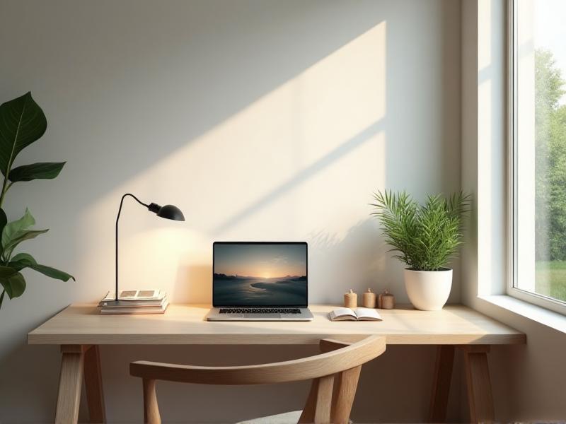 A minimalist home office with a clean, organized desk, featuring a laptop, a few neatly stacked books, and a small potted plant. The room is free of clutter, with everything in its place, creating a sense of order and calm.