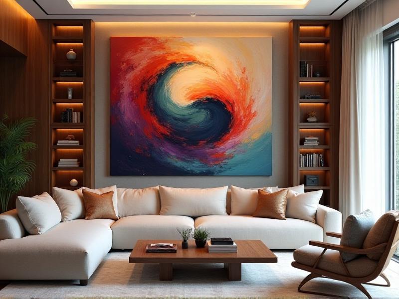 A balanced living room featuring a soft, neutral-colored sofa paired with a vibrant, abstract painting, creating a harmonious blend of Yin and Yang energies that support financial harmony and abundance.