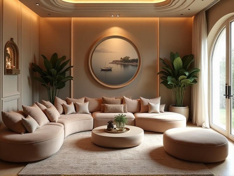 A cozy living room designed with Feng Shui principles, featuring a circular arrangement of comfortable seating, soft lighting, and lush green plants. Family photos and heirlooms are displayed on the walls, creating a warm and inviting space that encourages interaction and connection.