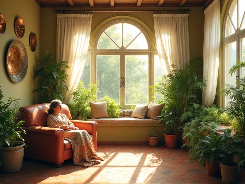 A sunlit living room with large windows, sheer white curtains, and a variety of lush green plants. The room is filled with natural light, creating a bright and airy atmosphere that feels refreshing and uplifting.