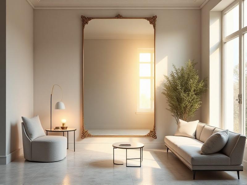 A small living room with a large mirror placed opposite a window, reflecting natural light and creating the illusion of a larger space. The room is decorated with light, neutral colors and minimal furniture, promoting a sense of openness and flow in line with Feng Shui principles.