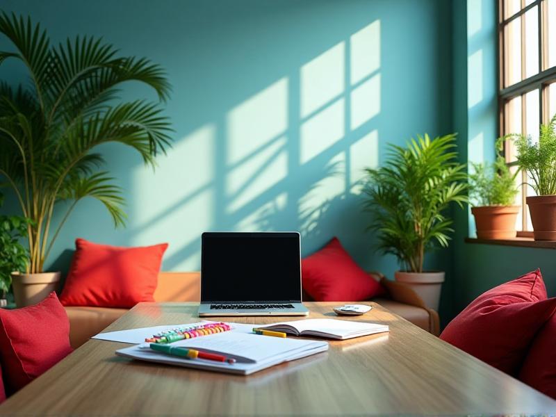 A vibrant office space with walls painted in soft blue, accented with green plants and red decorative pillows. A wooden desk sits in the center, with a laptop and a few colorful office supplies. The room is filled with natural light, creating a lively and inspiring atmosphere.