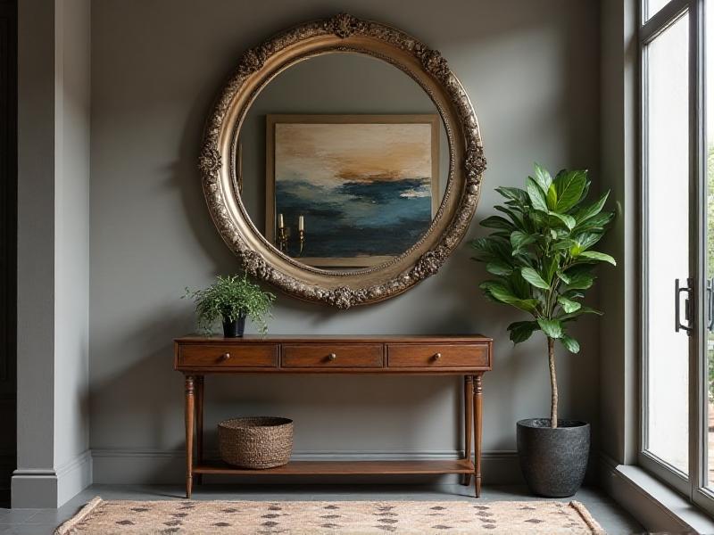 A stylish entryway with a large round mirror hanging above a wooden console table. The mirror reflects a view of a lush green plant and a piece of abstract artwork. The walls are painted in a soft gray, and the floor is covered with a geometric-patterned rug. The overall mood is elegant and balanced, with a focus on light and reflection.