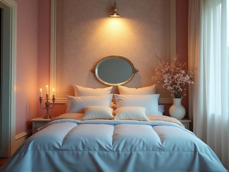 A romantic bedroom with soft, warm lighting and a bed positioned against a solid wall with a clear view of the door. The room features pairs of objects, such as two candles and two pillows, symbolizing partnership. The overall atmosphere is intimate and harmonious, fostering love and connection.