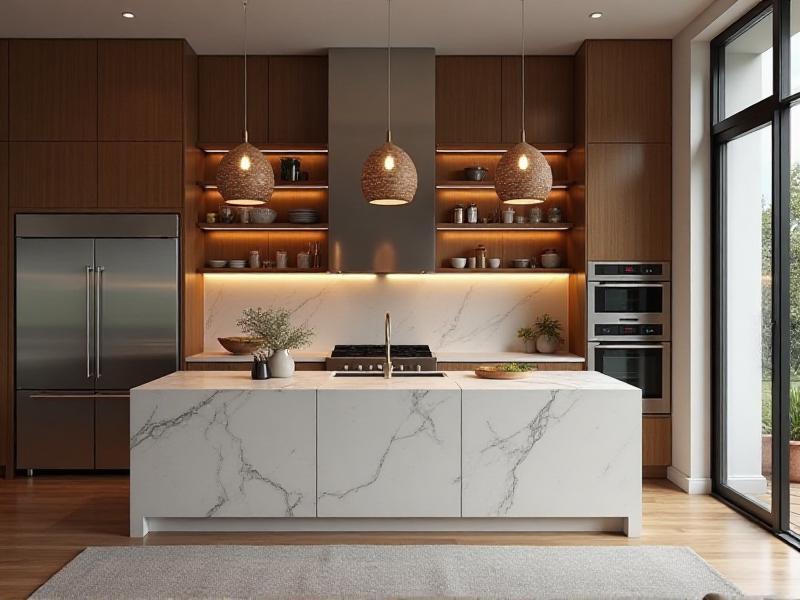 A modern kitchen with sleek pendant lights hanging over a marble countertop. The lights emit a warm glow, illuminating the space while adding a touch of elegance and sophistication.