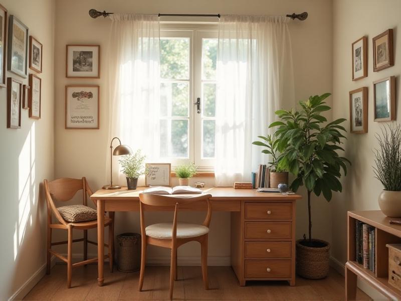 A cozy study space with a desk adorned with personal items, including family photos, a favorite mug, and a small plant. The walls are decorated with artwork and inspirational quotes that reflect the owner's personality and interests. The room feels warm and inviting, creating a personal sanctuary for studying.