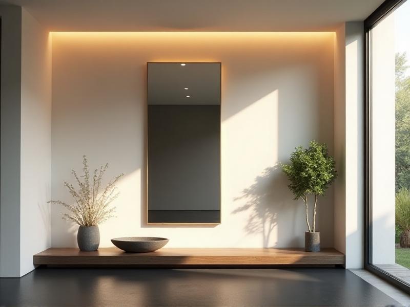 A modern entryway with a clean, minimalist design, featuring a mirror reflecting natural light from a nearby window. The space includes a small potted plant, a decorative bowl of water, and warm, inviting lighting, creating a welcoming and positive first impression.