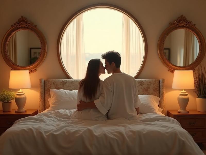 A bedroom with two matching round mirrors placed symmetrically on either side of the bed. The mirrors reflect soft, warm light, creating a sense of balance and harmony in the room. The space feels intimate and peaceful, promoting a strong connection between the couple.