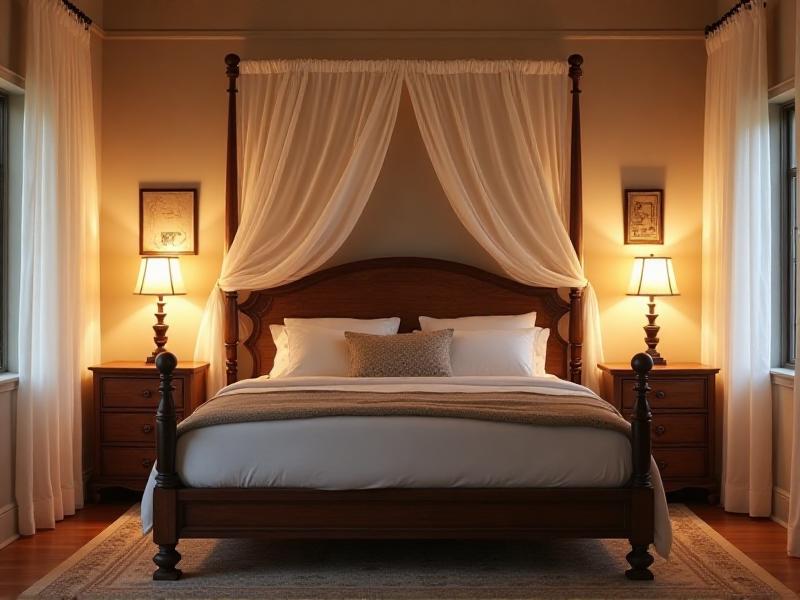 A bedroom with a queen-sized bed placed in the commanding position, diagonally across from the door. The bed features a sturdy wooden headboard and is flanked by two nightstands with matching lamps. The room is softly lit, with warm, ambient lighting creating a cozy atmosphere. The walls are adorned with minimalist artwork, and a plush area rug adds texture and warmth to the space.