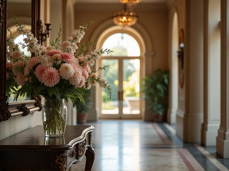 A large, ornate mirror hanging above a console table in a well-lit hallway. The mirror reflects a vase of fresh flowers and a piece of artwork, creating a sense of depth and expanding the energy of the space.