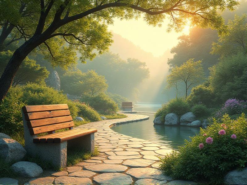 A tranquil garden designed with Feng Shui principles, featuring a winding stone path, lush greenery, and a small wooden bench. The garden feels like a peaceful retreat, with natural elements creating a sense of balance and harmony.