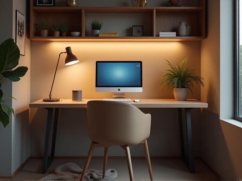 A modern home office with a clean, minimalist desk positioned in the command position. The desk features a laptop, a small potted plant, a metal desk organizer, and a glass of water. The room is decorated with earthy tones and soft lighting, creating a harmonious and productive environment.