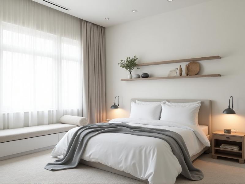 A minimalist bedroom with neatly organized shelves, a bed with crisp white linens, and a few carefully chosen decorative items, exuding a sense of calm and order.