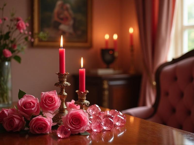 A beautifully arranged Love and Marriage area in a home, featuring a pair of red candles on a wooden table, surrounded by heart-shaped crystals and a small vase of fresh pink roses. The walls are adorned with a romantic painting of a couple, and the space is illuminated by soft, warm lighting, creating an inviting and loving atmosphere.