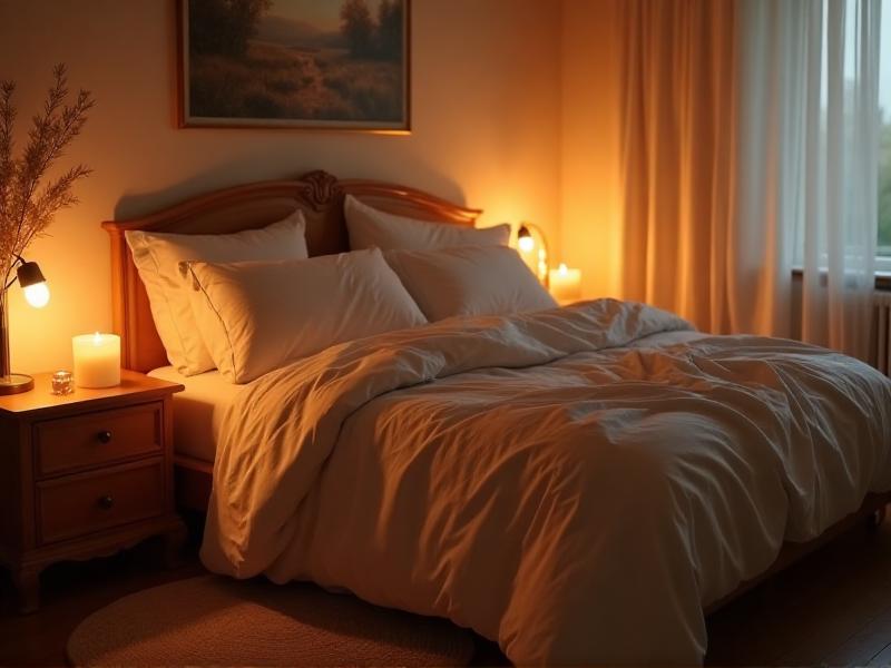 A bedroom illuminated by soft, warm light from a bedside lamp and a few flickering candles on the nightstand. The room feels cozy and intimate, with the gentle glow of the candles creating a romantic atmosphere. The bed is dressed in luxurious linens, adding to the overall sense of comfort and elegance.