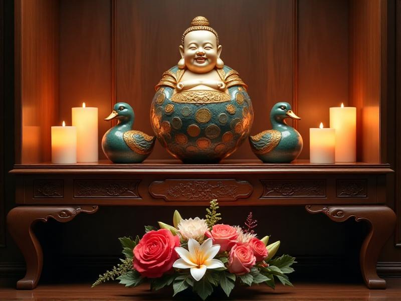 A collection of Feng Shui symbols, including a laughing Buddha, a wealth vase, and a pair of mandarin ducks, arranged on a wooden shelf. The symbols are surrounded by candles and fresh flowers, creating a serene and meaningful display.