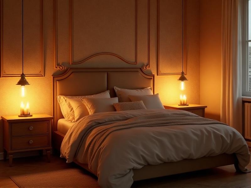 A bedroom with soft, warm lighting from dimmable lamps and candles, creating a cozy and relaxing atmosphere, showcasing the importance of lighting in Feng Shui for better sleep.