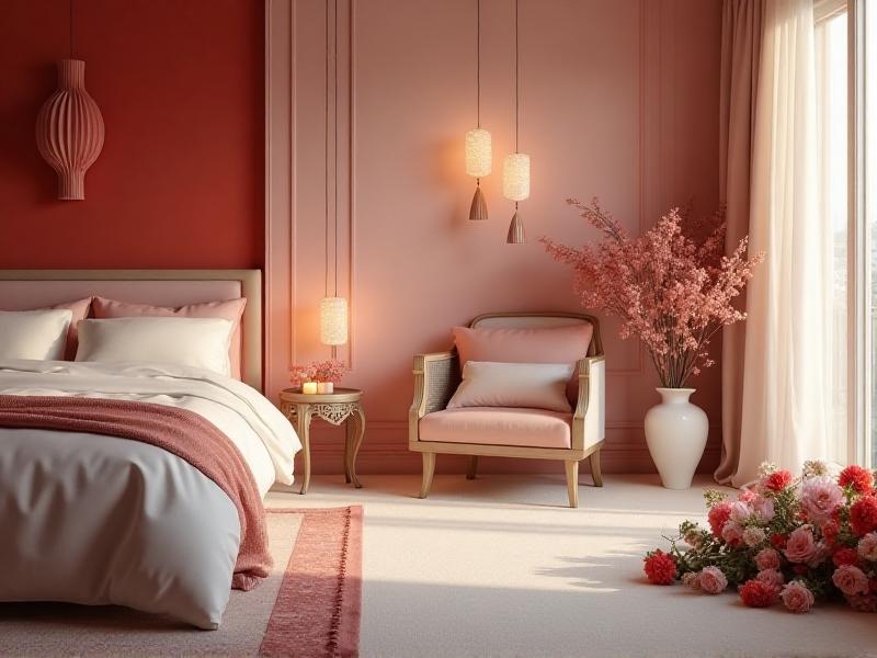 A romantic bedroom designed with Feng Shui principles, featuring a pair of bedside tables, soft pink and red tones, and a cozy seating area. The room is decorated with candles and fresh flowers, creating a warm and intimate atmosphere.