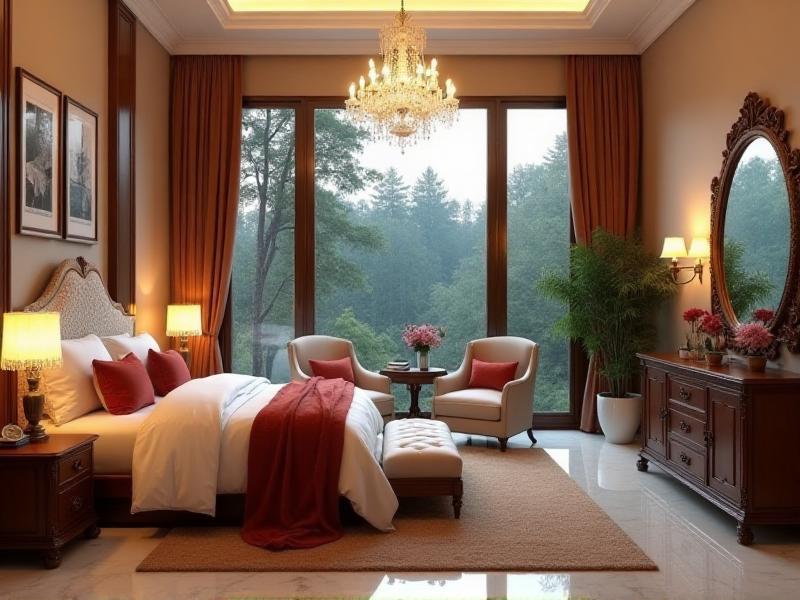 A beautifully designed bedroom with a balanced arrangement of furniture, soft, warm colors, and natural elements. The room feels harmonious and inviting, with a sense of peace and tranquility. The bed is the focal point, dressed in luxurious linens and surrounded by carefully chosen decor that enhances the overall atmosphere of love and romance.